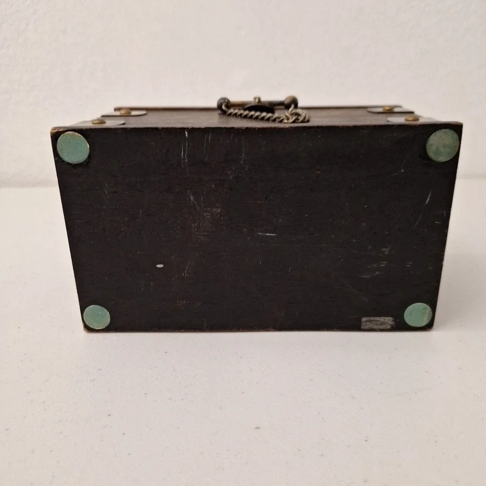 Vintage MCM Wood Brass Jewerly Box Removable Tray Red Velvet Lined 8.5
